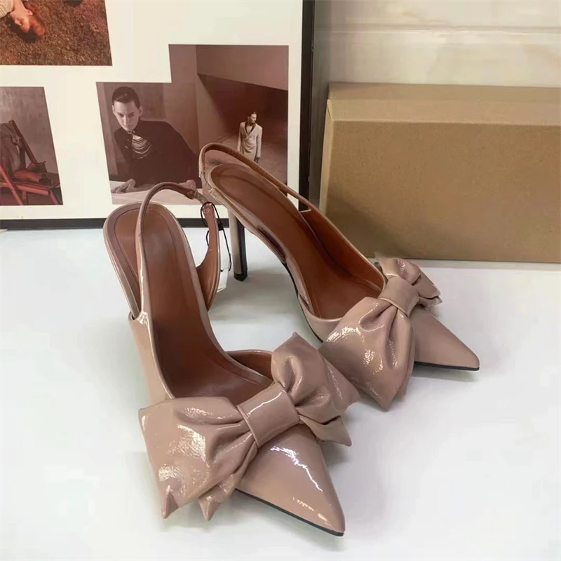 Pink Bow Knoit High Heels Stilettos For Woman Autumn Point Head Thin Heel Slingacks Pumps Women Patent Leather Sandal Shoes New