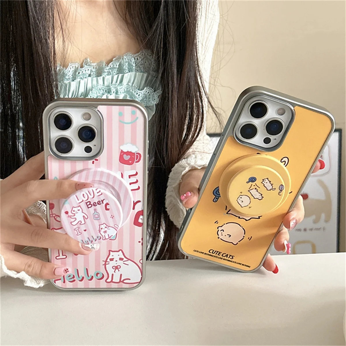 

Fashion Plating Stripes Cute Pink Cat Magnetic Phone Case For iPhone 16 Pro 15 14 13 Pro Max Cover with Stand Shockproof Cases