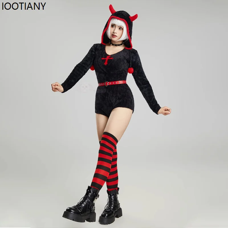 Halloween Gothic Little Devil Cosplay Costumes Women Sexy Plush Home Clothes Black Red Cross Hooded Bodysuits With Belt Necklace