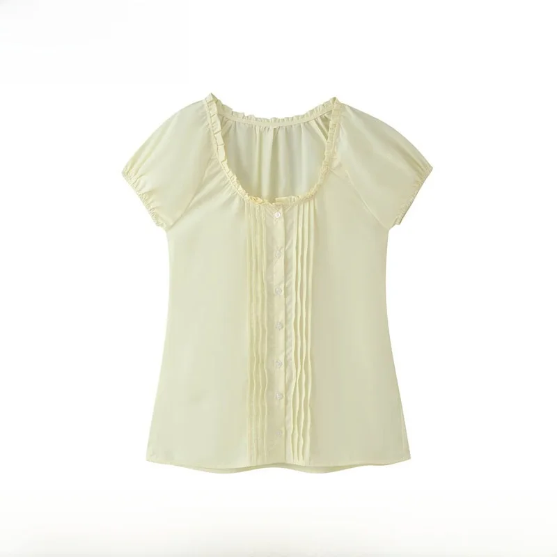 Fashionable Women's Bubble Sleeve Top New Arrival Spring Summer Tuck Pleat Versatile Stylish Polyester Fiber Short Sleeve rou...