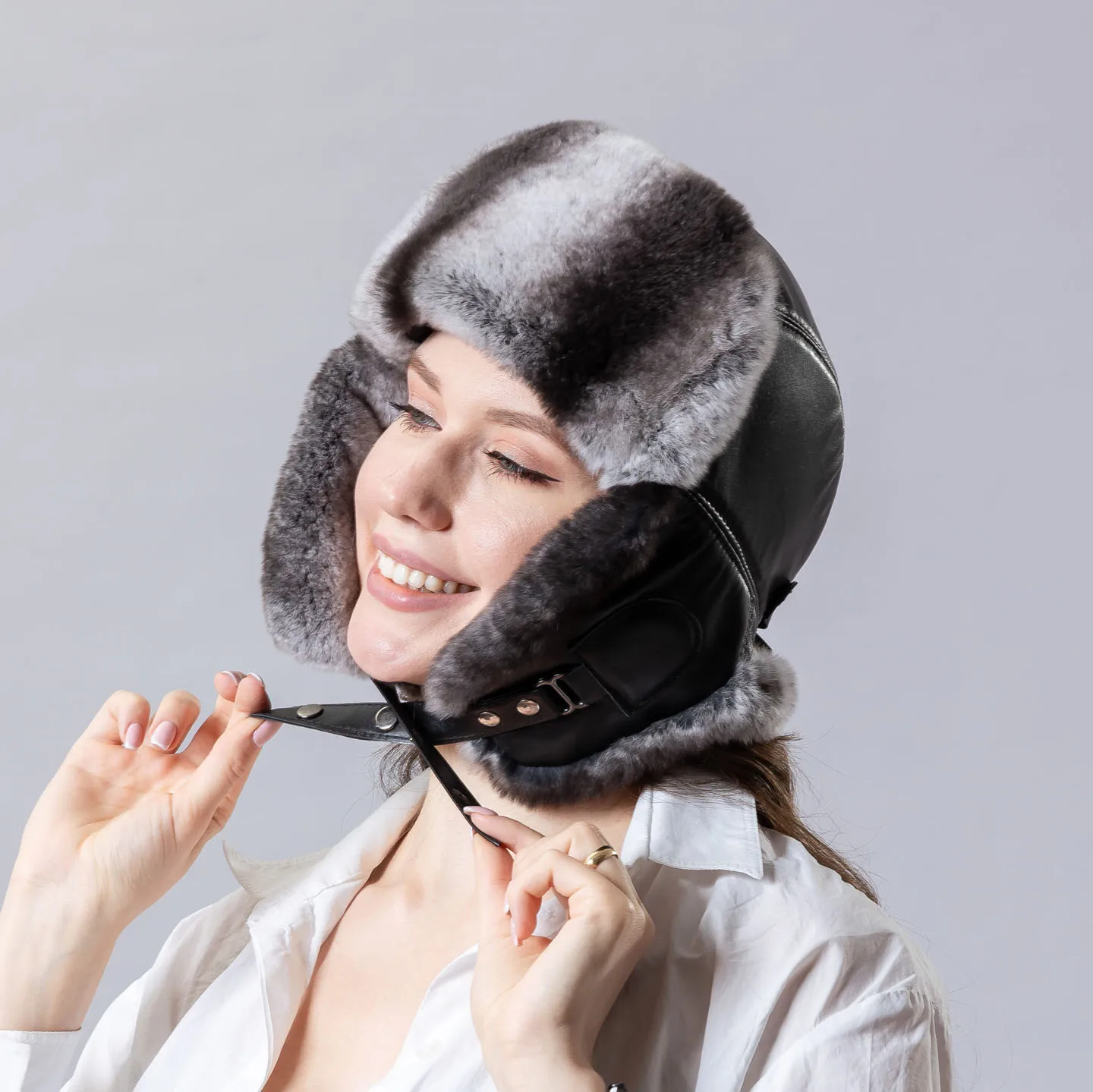 real sheep leather hat with real rex rabbit fur chinchilla color 24A0419