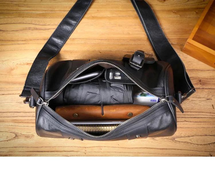 Outdoor-Reisen hochwertige echtes Leder Herren schwarze Zylinder Umhängetasche lässig Designer handgefertigte Rindsleder Umhängetasche – Detail 23