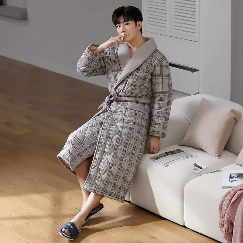 Winter Warm Shower Robe Man Thick Bathrobe Japanese Korea Quilted Cotton Bath Robe Striped Plaid Night Dressing Gowns Housecoat