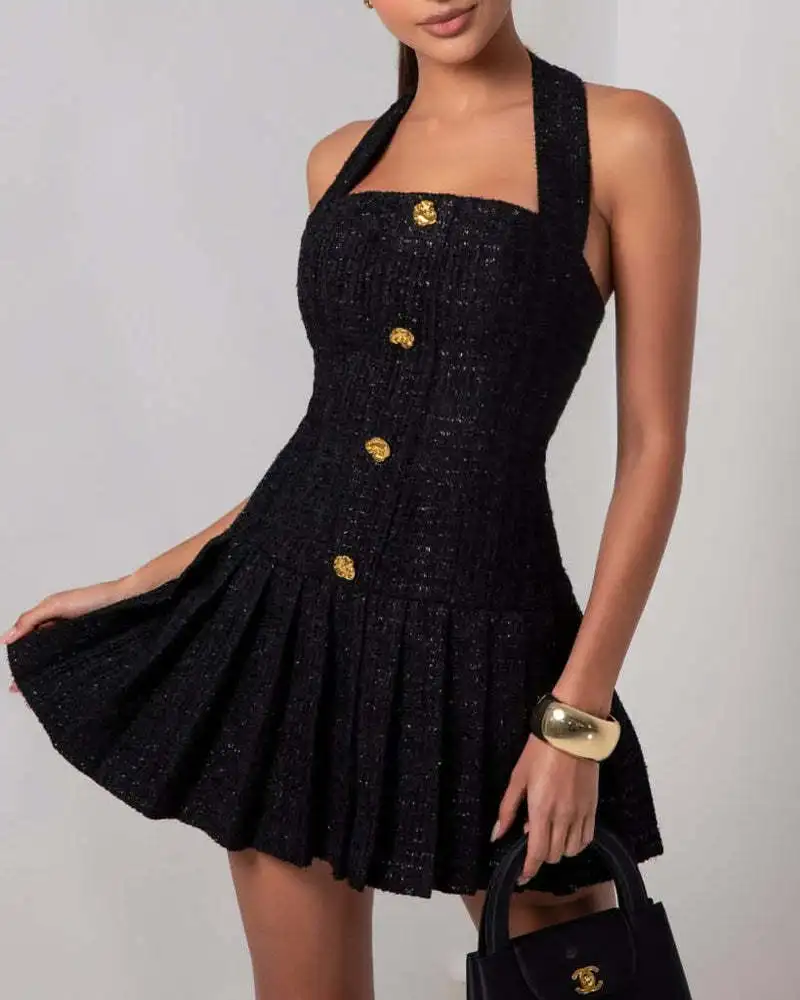 Women's Solid Color Tweed Halter Mini Dress Gold Button Pleated Skirt Back Zipper Gown Elegant Formal Outfit For Parties Proms