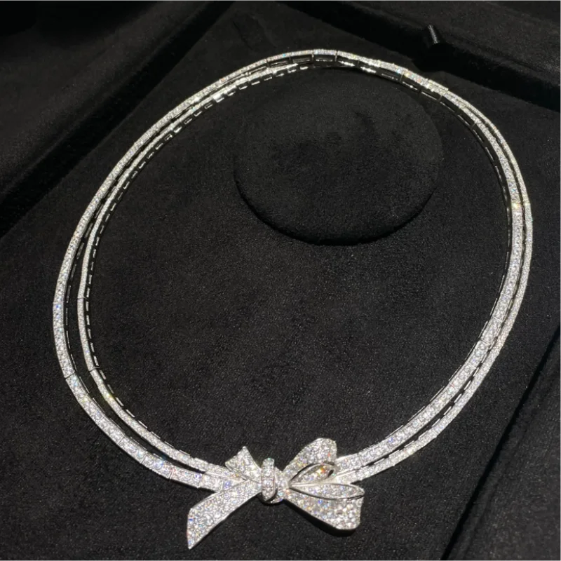 Cameo Luxury Bowknot Necklace for Women Full Micro Pave Zircon Double Layer 925 Silver Collar Necklace Wedding Banquet Jewelry