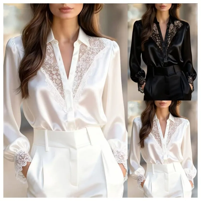 

New 2026Elegant White Lace-Trimmed Satin Blouse Sophisticated Women's Fashion Solid Color V-neck Leisure Women Clothing