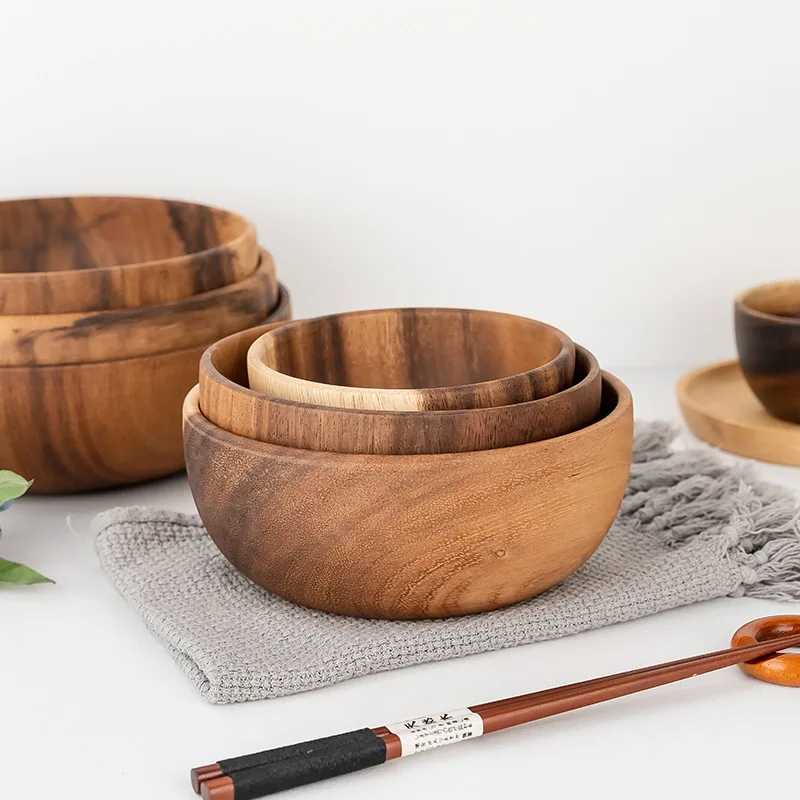 Japanese-style Flat-bottomed Acacia Wooden Bowl Wood Hotel Restaurant Kitchen Tableware Salad Bowl Whole Wooden Soup Bowl