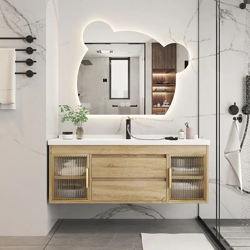 

Luxury Bathroom Cabinet Integrated Ceramic Combo Basin Solid Wood Smart Bear Mirror Hand Wash Basin Drawers, Undermount Sink