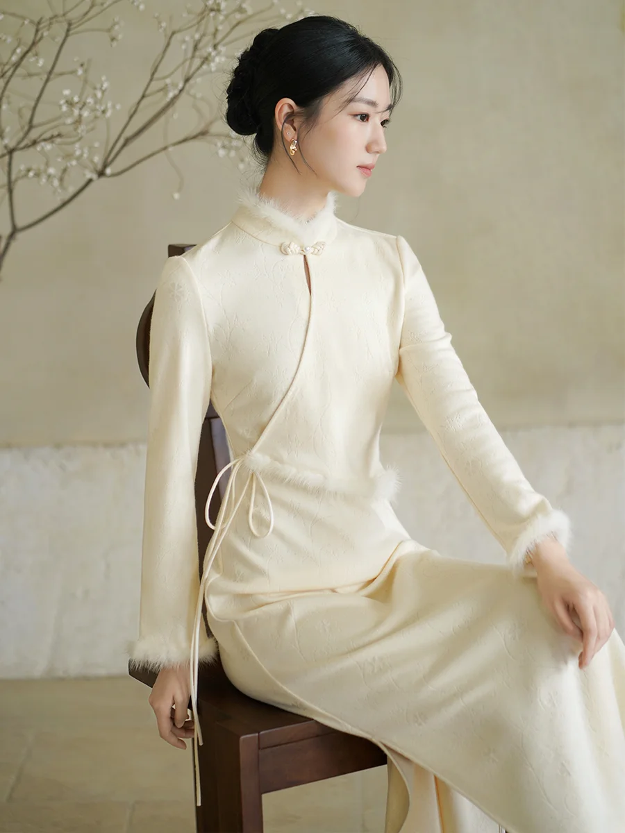 

Новое китайское вязаное длинное платье для женщин, трикотажное, с вышивкой, однотонное, макси-платье