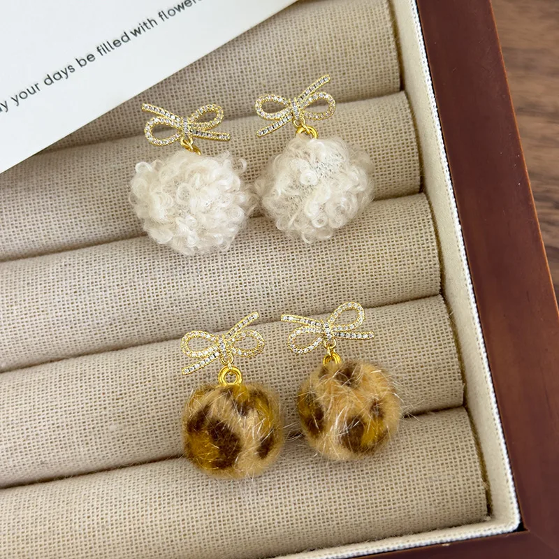 Stud Earrings Bow Plush Ball Cute Elegant Winter Daily Party Gift  Multicolor Small Alloy Faux Fur Comfortable for Women