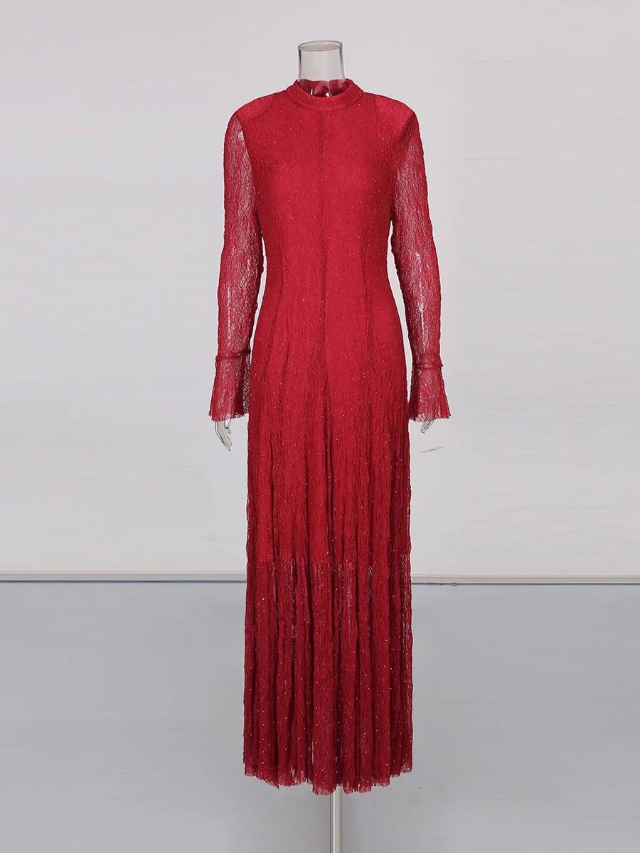 TWOTWINSTYLE Afslanken Sheer Spliced Lace Elegante Jurken voor Vrouwen O Hals Lange Mouwen Patchwork Hot Fix Mode Jurk Vrouwelijke