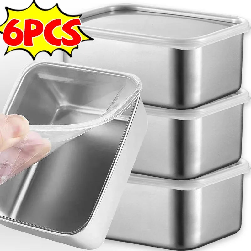 

6/1Pcs Refrigerator Food Storage Box with Plastic Lid for Refrigerator Office Camping Picnic Square Metal Containers for Bread