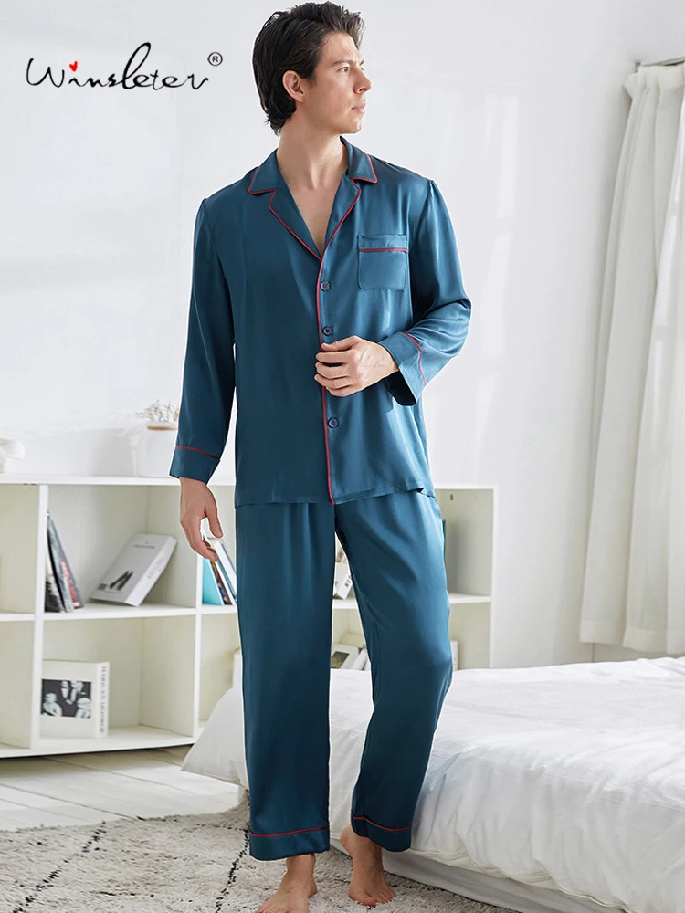 Winsleter, Casual 2 Piece Pajamas Set, Men Long Sleeve Top Pants, Solid Comfortable Basic Homewear, 2024 Summer Fall S47052QC