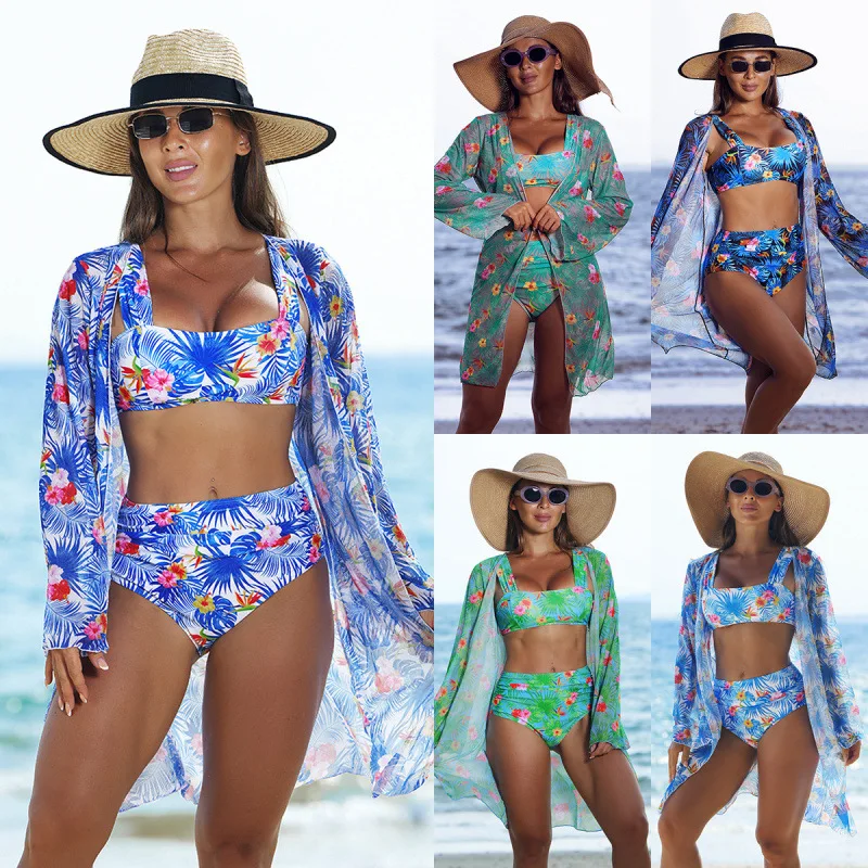 

Women's Mesh Printed Bikini Set 3 Piece Sexy Bathing Suit Woman Swimsuits Elegant Swim Cover-Up Swimwear Beachwear Bikinis Gate