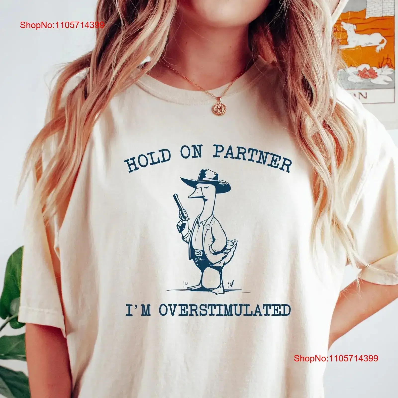 Hold On Partner I am Overstimulated T Shirt Cowboy Duck Unhinged Weirdcore Outfits Gen Z Funny Meme vintage Washed Stretched