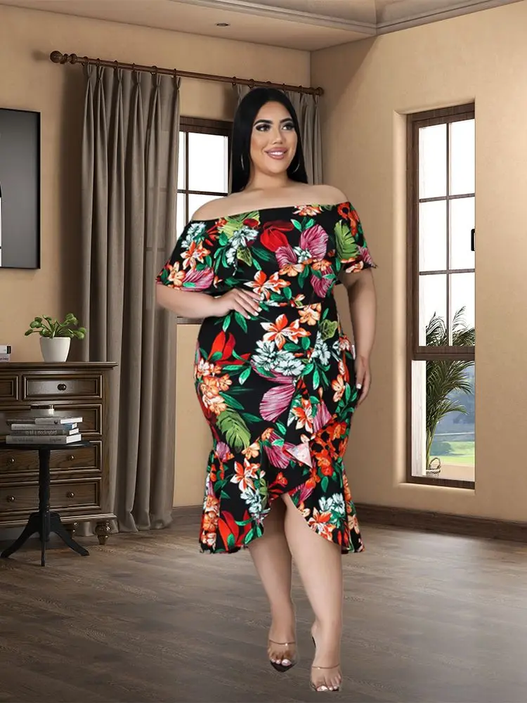 Vestidos Mujer primavera verano 2022 plus size women clothing  Vintage Print  Sexy Fashion Ruffles Dress  Wholesale Dropshipping