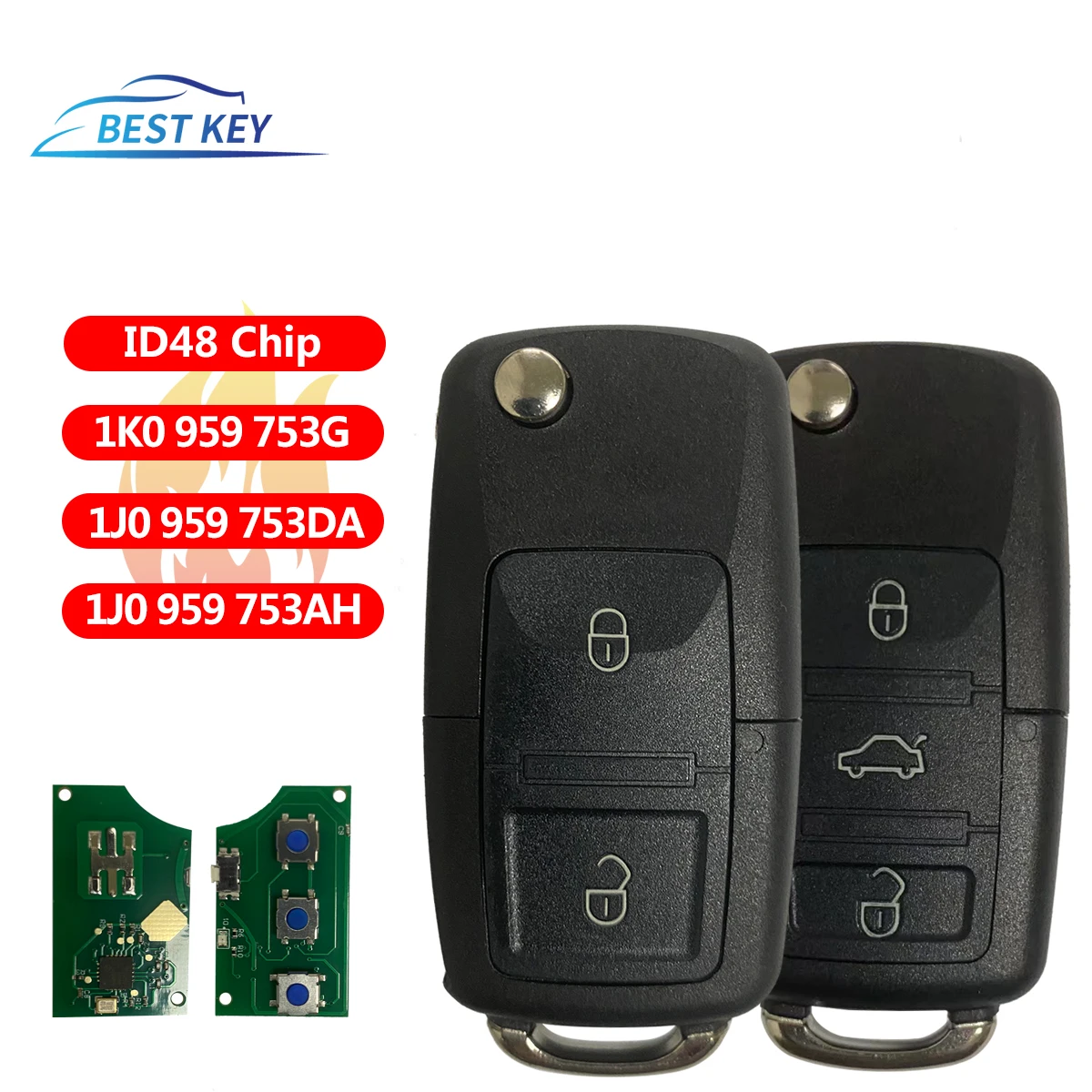 Llave remota de coche ID48, llave de repuesto de 434Mhz para VW, Volks, wagen, Caddy, Passat, Golf, Jetta, Tiguan, Touran, Sirocco, 1K0959753G