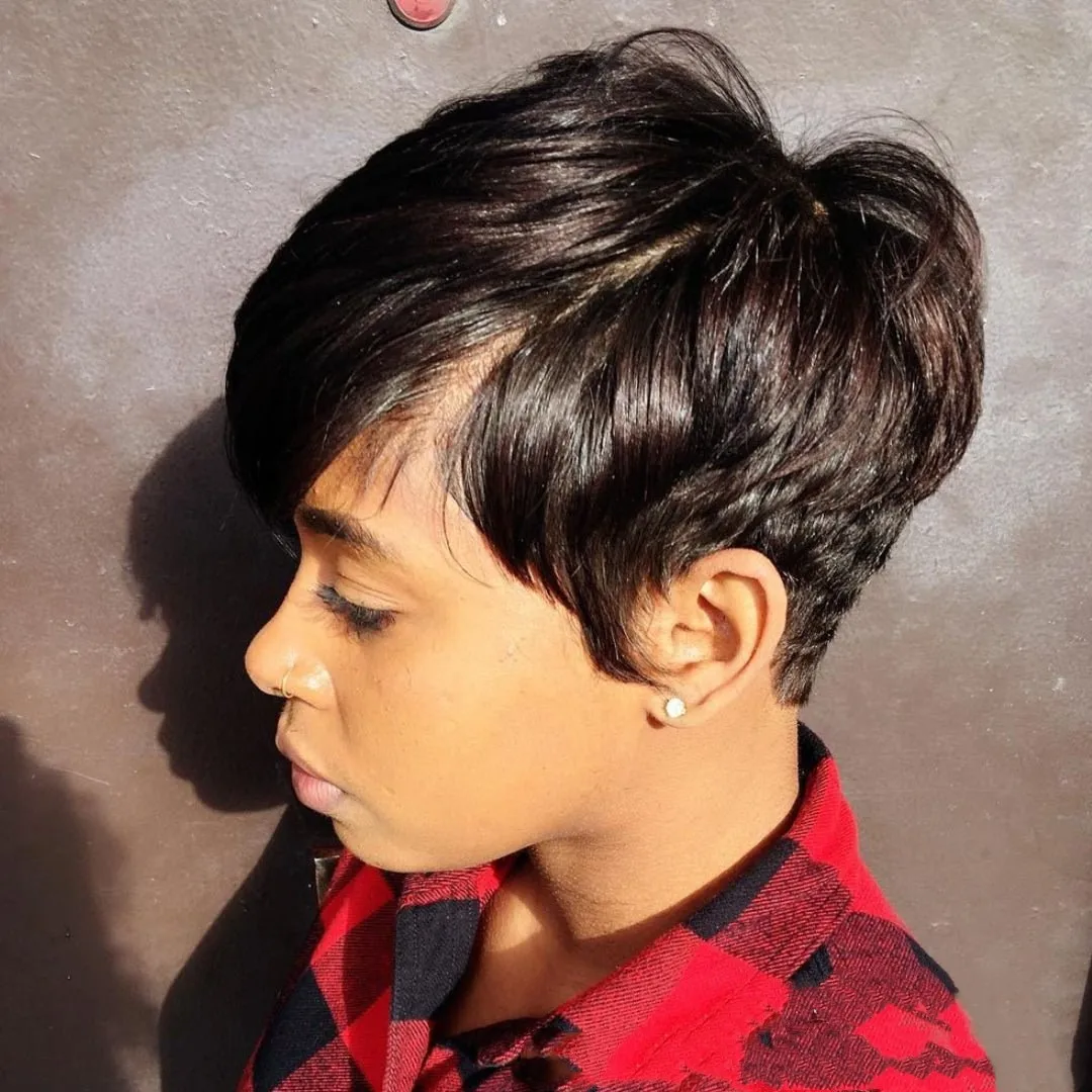 짧은 픽시컷 가발 인모 레이어드 전체 기계식 가발 1B 색상