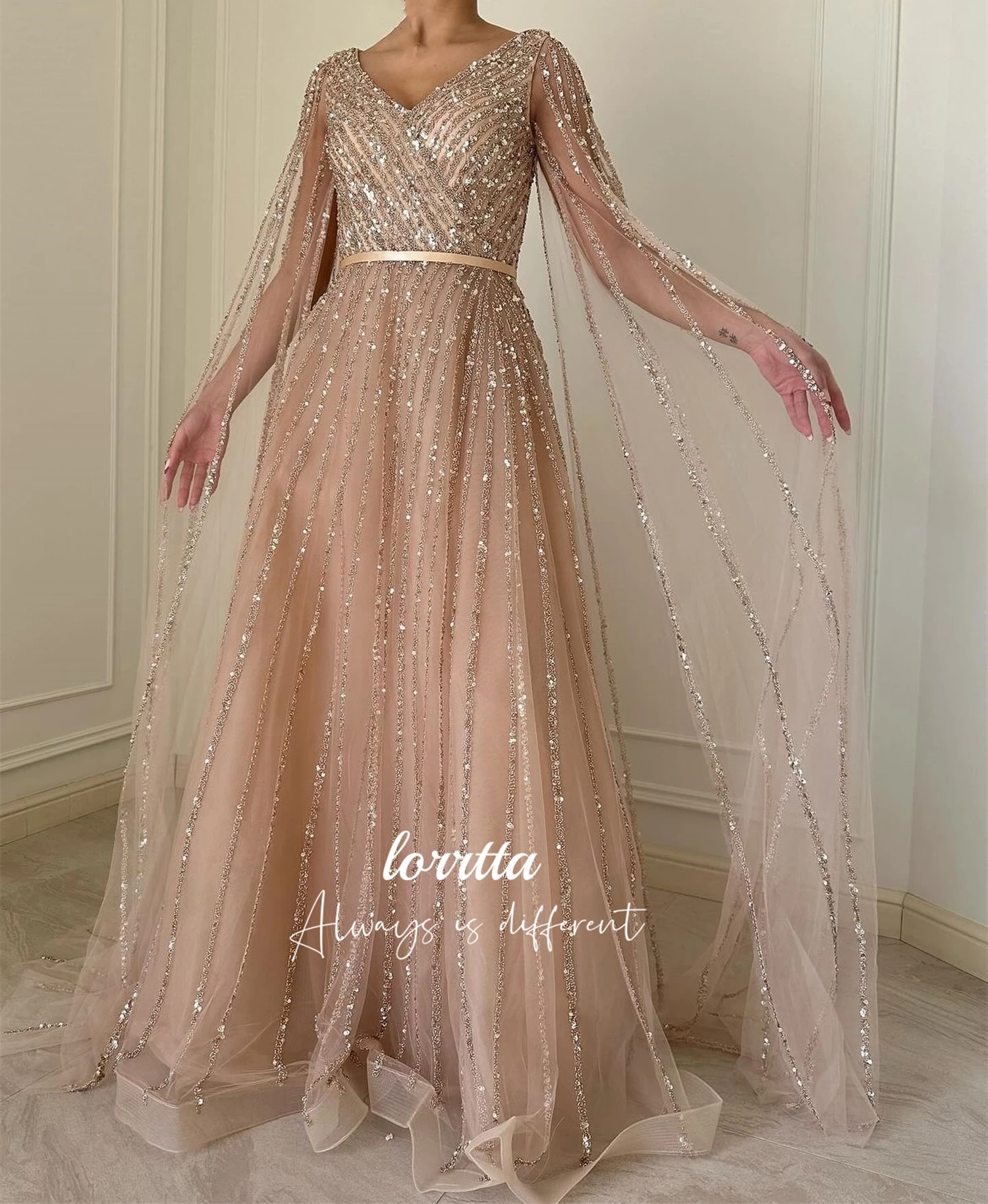 Lorrtta línea A vestido de noche tela brillante lujoso vestido de baile chal Formal con cuello en V para ocasiones especiales graduación