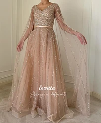 Lorrtta línea A vestido de noche tela brillante lujoso vestido de baile chal Formal con cuello en V para ocasiones especiales graduación personalizado