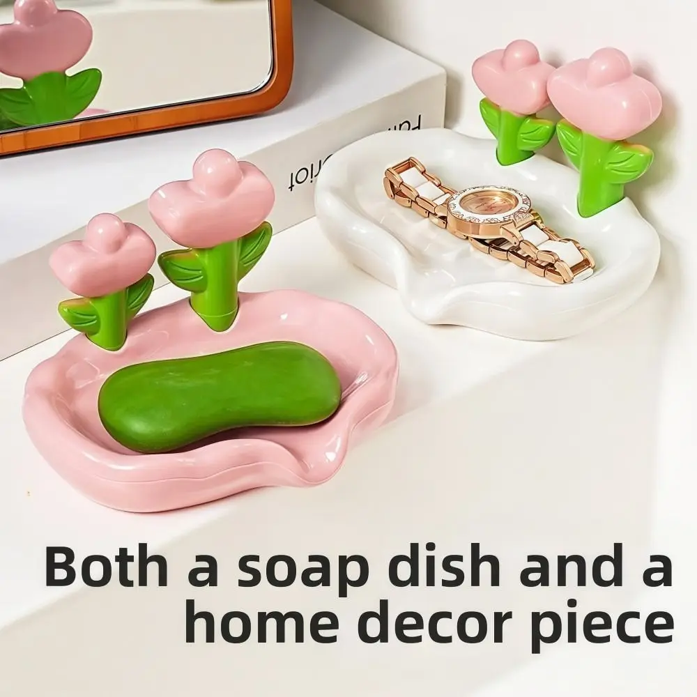 Tulip Design Drain Soap Dish Anti-slip No Drilling Required Soap Tray with Drainage Trough Solid Color Soap Storage Rack