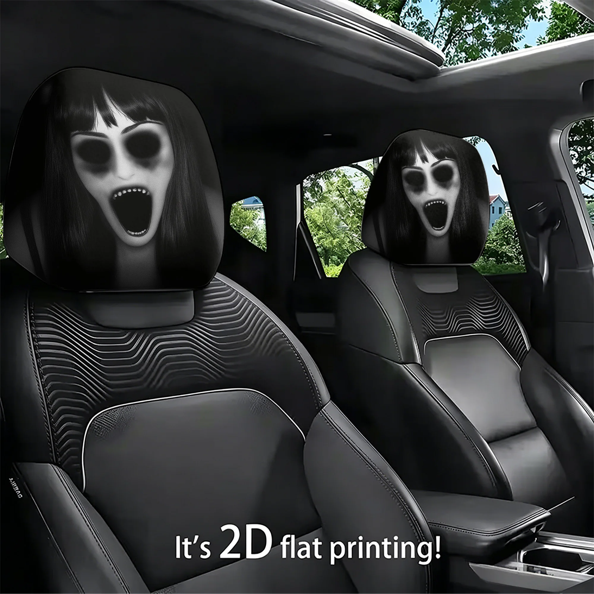 2pcs Spooky Ghost-Printed Car Headrest Covers—create a spine-chilling interior style. Filling not included. Easy to install.