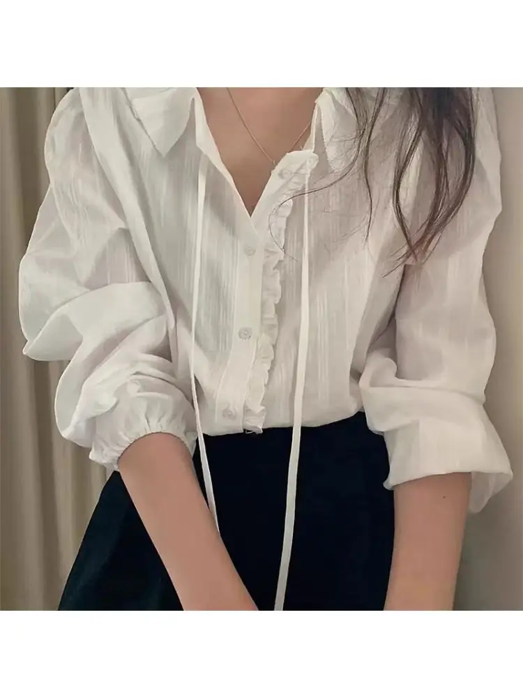 Spring Autumn Sweet Korean Style Women's Shirt with Pleated Collar And Small Lace Oversize Loose Fit Long Sleeve Casual Top