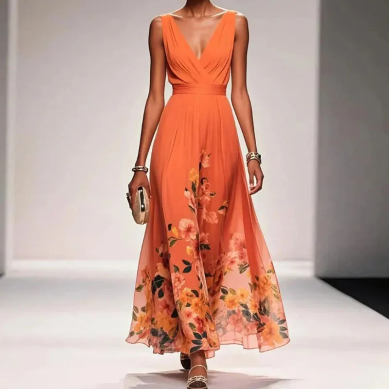 2025 nieuwe sexy v-hals a-lijn galajurken zomer dames hoge taille chiffon bedrukte jurk lente mode mouwloze bohemien jurk