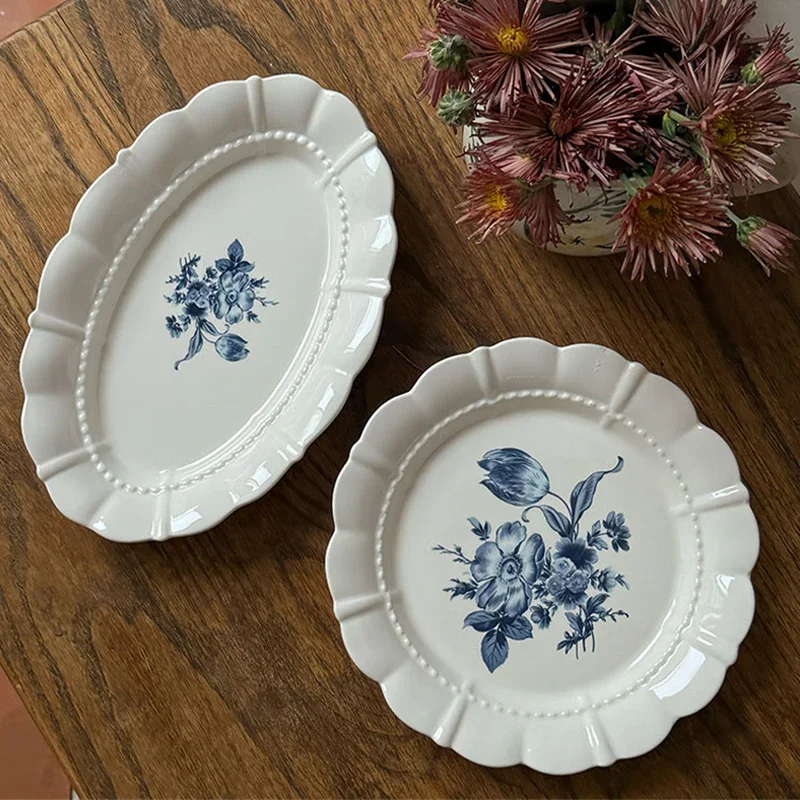 Flat Plate Ceramic Middle French Style Elegant Blue Flower Dessert Plate Tableware Set Vintage Bouquet Ceramic Dinner Plate