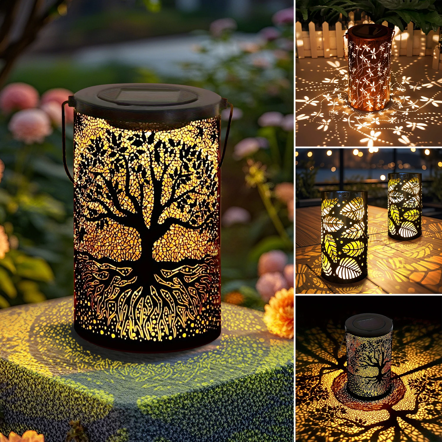1 linterna de hierro con energía solar, diseño hueco, adecuada para jardines al aire libre, terraza, decoraciones para fiestas y regalos navideños.