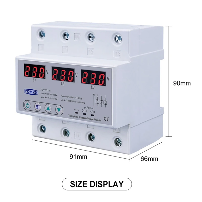 Imagem -06 - Tomzn-trifásico Ajustável sobre e sob o Protetor da Tensão Dispositivo Protetor da Recuperação Automática Restauração 63a 380v
