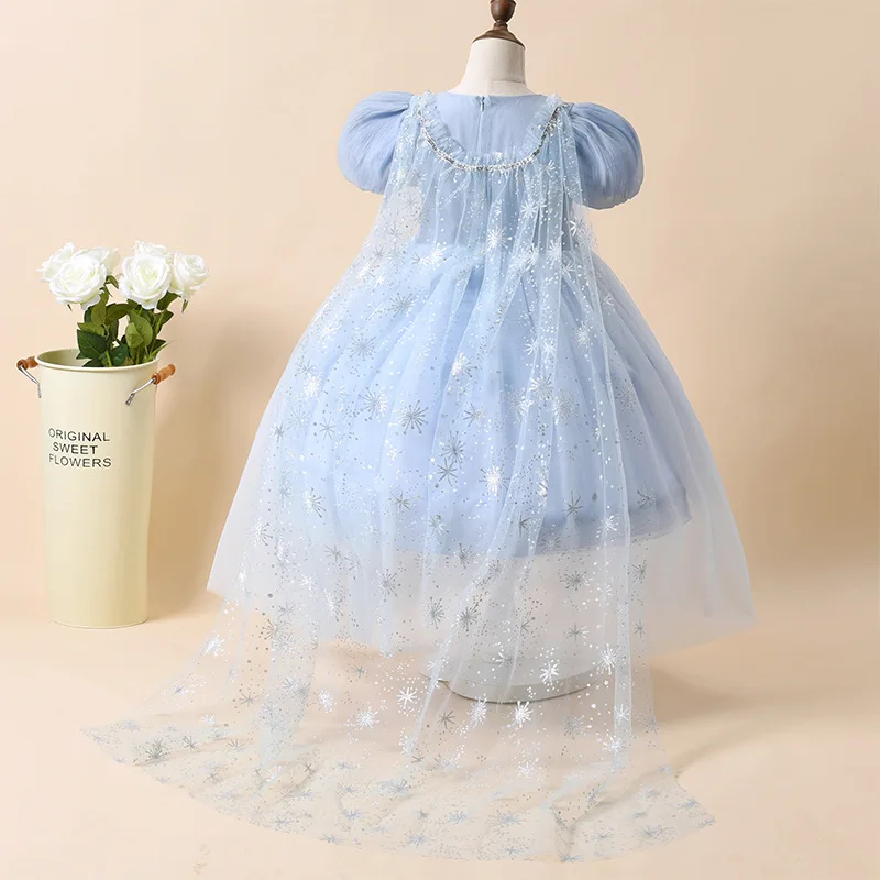 New sweet children's pleated blue snowflake girls short-sleeved fairy tale princess dress