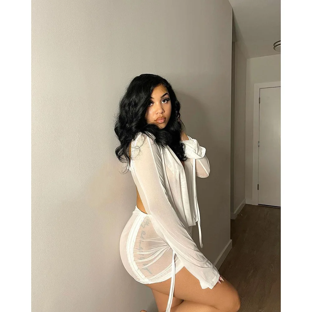 Y2K Sexy Diepe V-hals Mini Mesh Jurk Vrouwen Party Outfit Twee Stukken Set 2024 See Through Lange Mouw Club Party bodycon Jurken