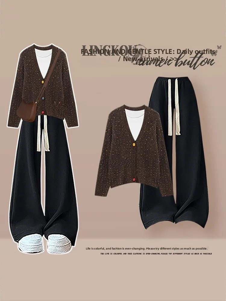 

Комплект из трех предметов: вязаный костюм больших размеров для женщин, осенний повседневный, винтажный, с блестящим базовым слоем и широкими брюками, модный и удобный