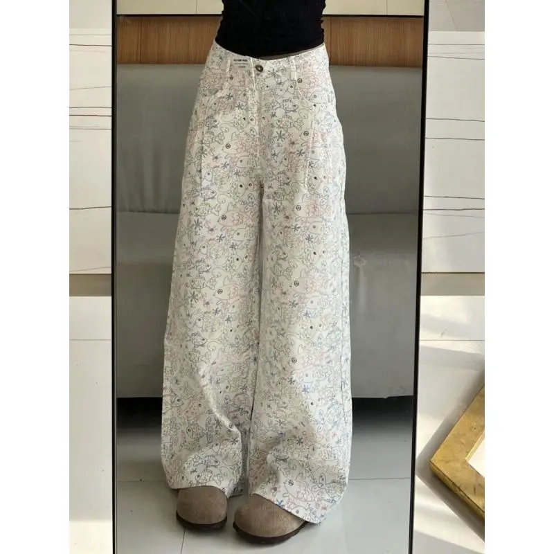 

Gagarich Korean Ins Spicy Girl Jeans Women Summer New Graffiti Pattern High Waist Loose Fit Slimming Wide Leg Floor Length Pants