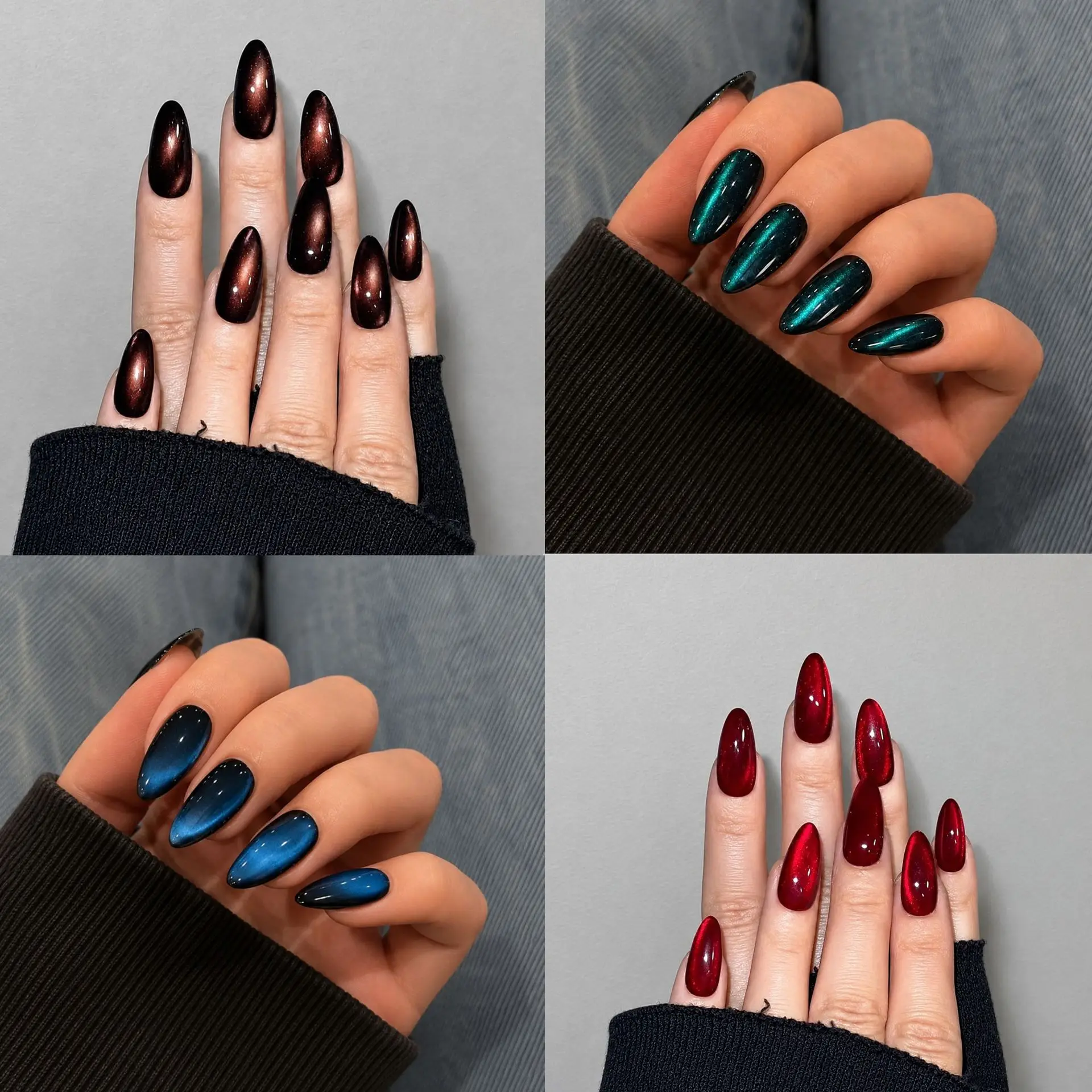 24Pcs Medium Teardrop Cat Eye Press On Nails 7 Solid Color Strip Pack Reusable Finished False Nail Set