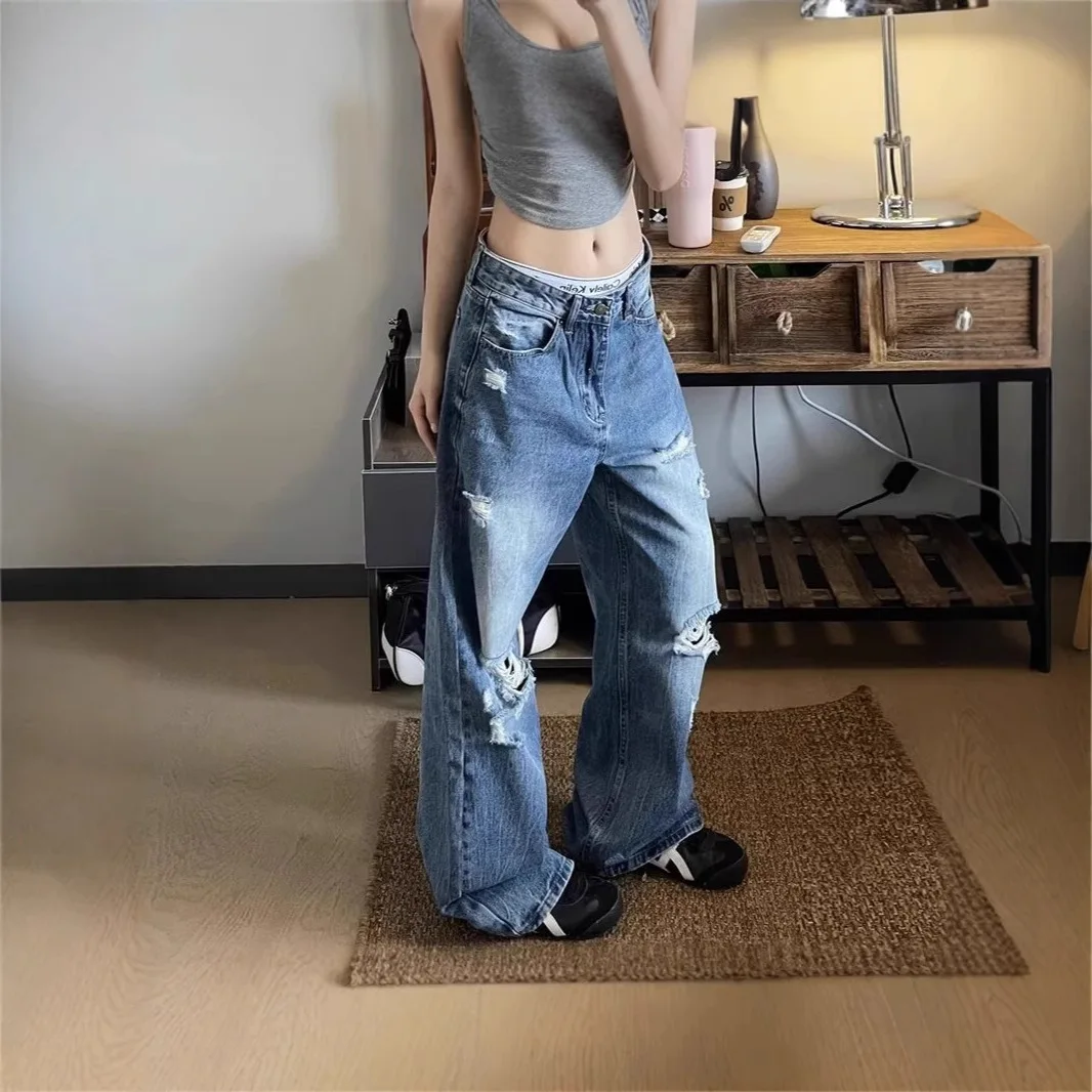 American Style Ripped Jeans For Women High Street Fashion Brand Vintage Destroyed Loose Washed Straight Wide Leg Pants