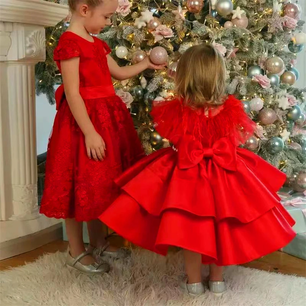 Red Short Sleeve Fluffy Tulle Lace Flower Girl Dress Princess First Communion Dresses Kids Surprise Birthday Present