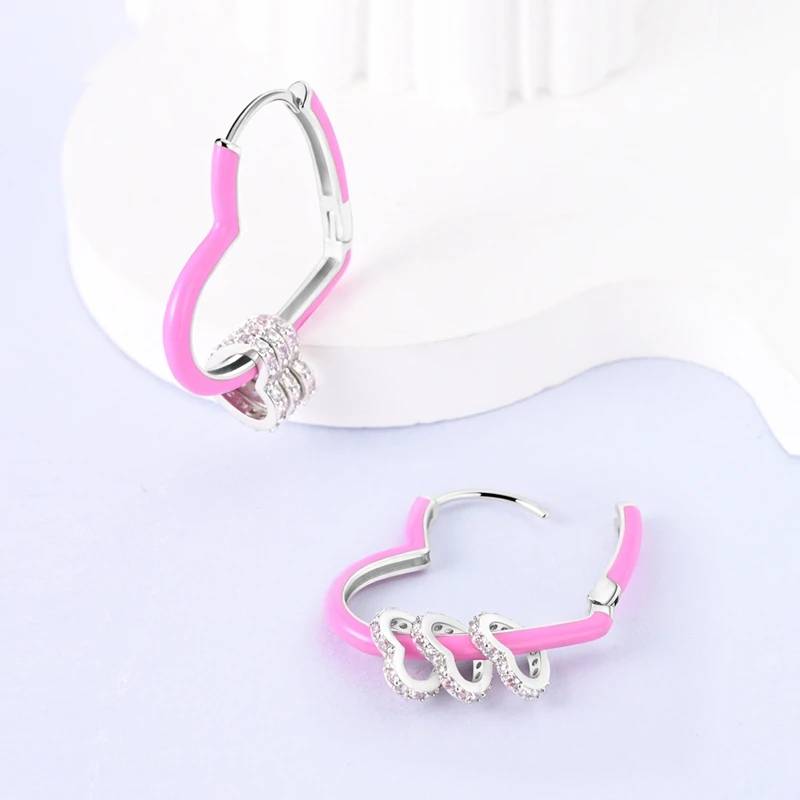 Hot Sale 925 Sterling Silver Pink Heart Shape Butterfly Hoops Zircon Earrings Jewelry Gift For Women Girls Party Engagement