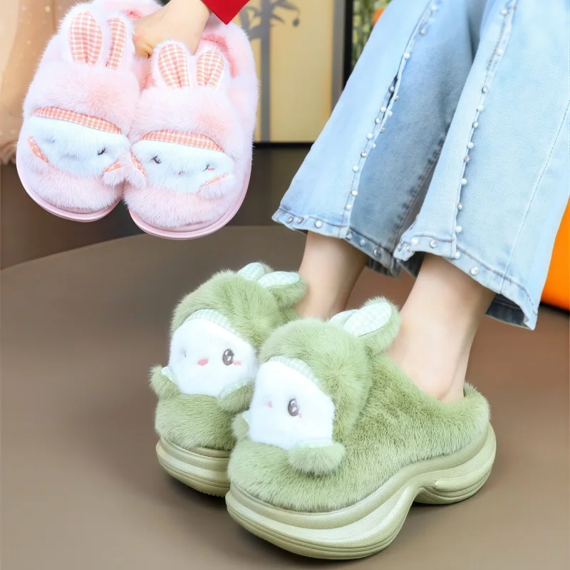 Pink Cute Rabbit Fluffy Slippers Women's Platform Thick Heeled Designer Shoes Girls Cute Home Plush Warm Winter Footwear 2025