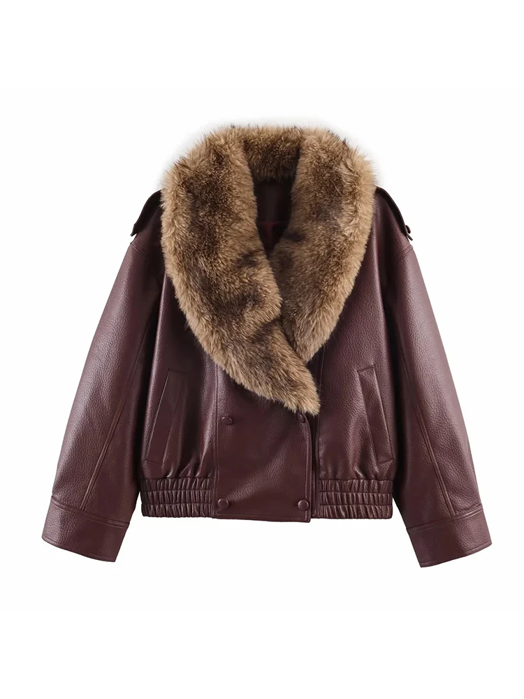 المرأة الجديدة خريف شتاء بولي Leather سترة جلدية فو الفراء التلبيب سترة فضفاضة معطف المرأة موضة خمر الشارع الشهير سترة للسيدات