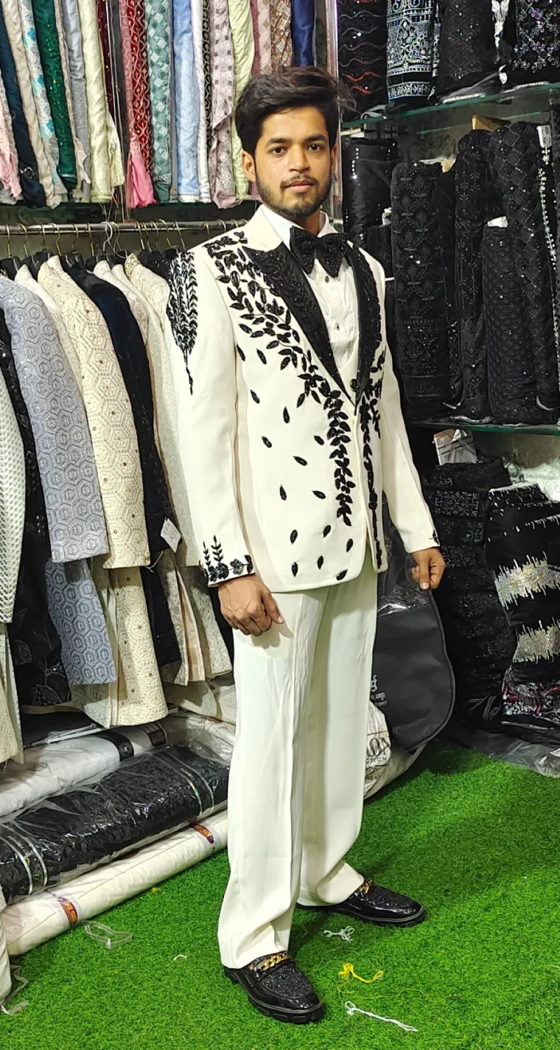 Bonito homem smoking 2 peças apliques pretos baile de formatura festa de casamento noivo usar fotografia de aniversário personalizado