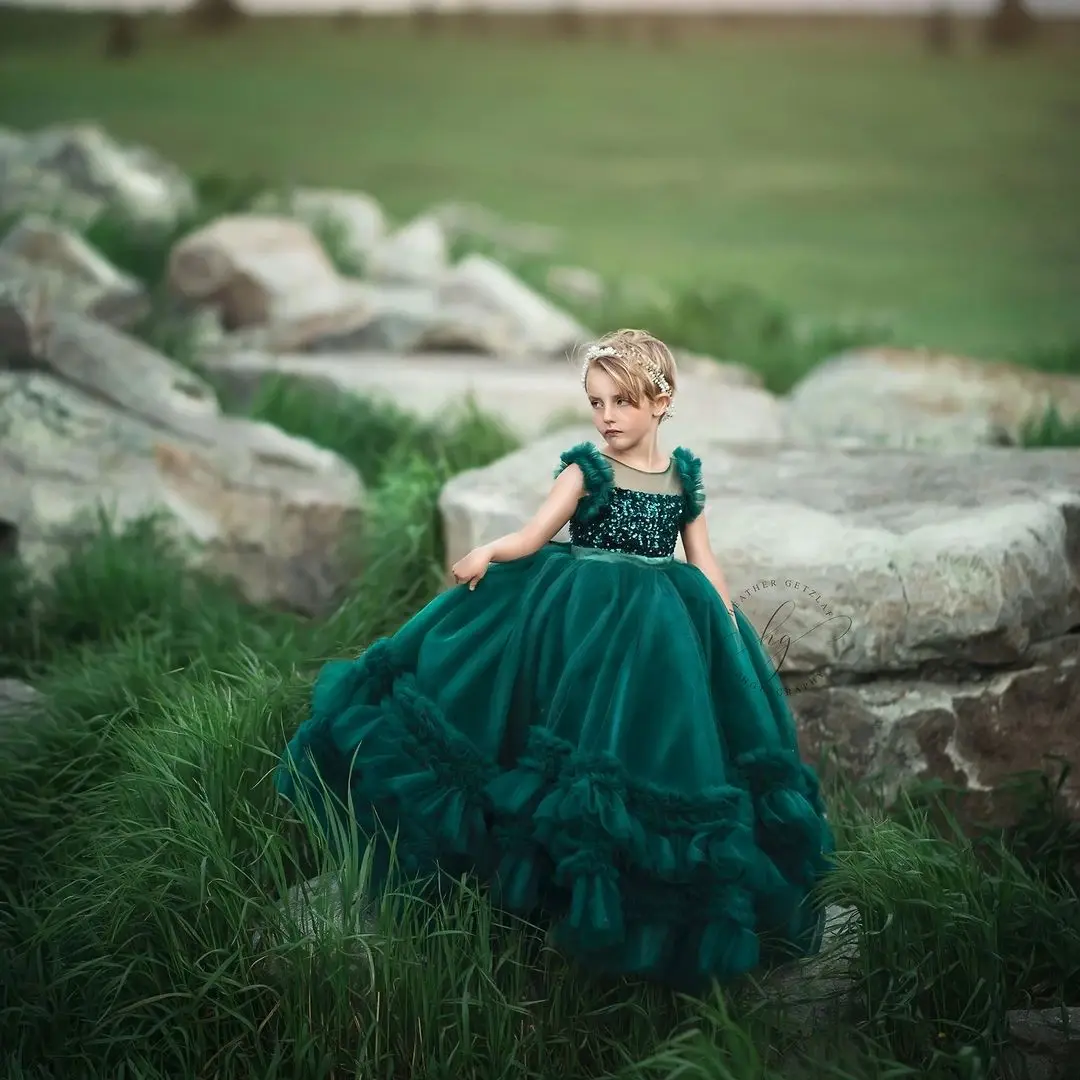 Dark Green Flower Girl Dresses Ruffles Sequined Little Baby Ball Gown First Communion Dress Tulle Birthday Gowns for Party