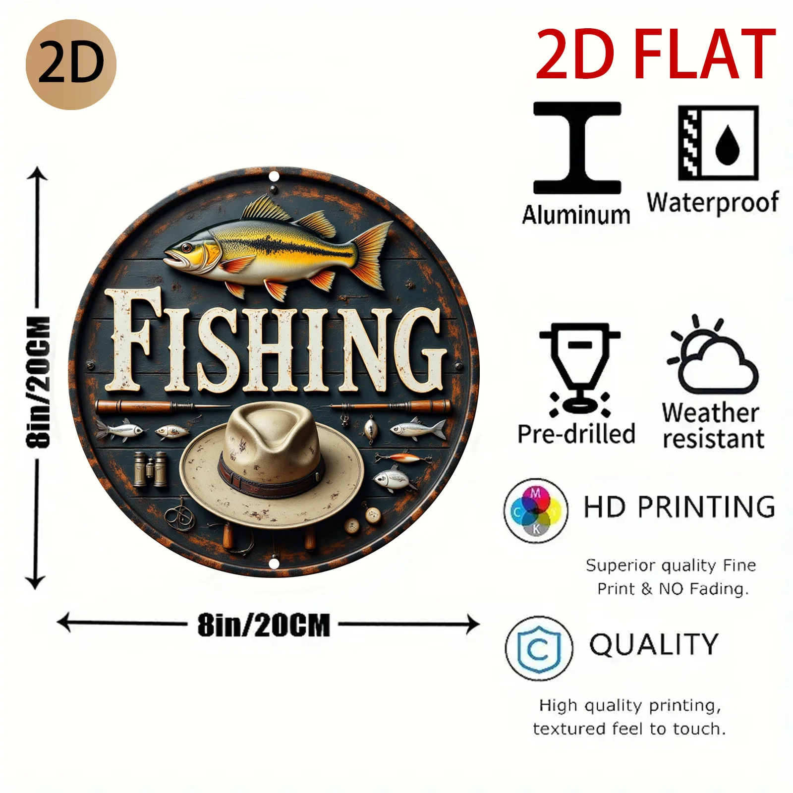 2D Flat - A Vintage Tin Sign Featuring a Circular Design Related to Fishing, Perfect for Decorating a Home, Man Cave, Or Fishing
