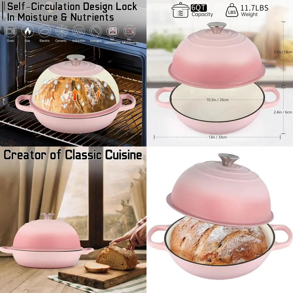

10 Enamel-Coated Cast Iron Dutch Oven, 6-Quart Sourdough Bread Baker with Dome Lid, Nonstick Pink Bakeware