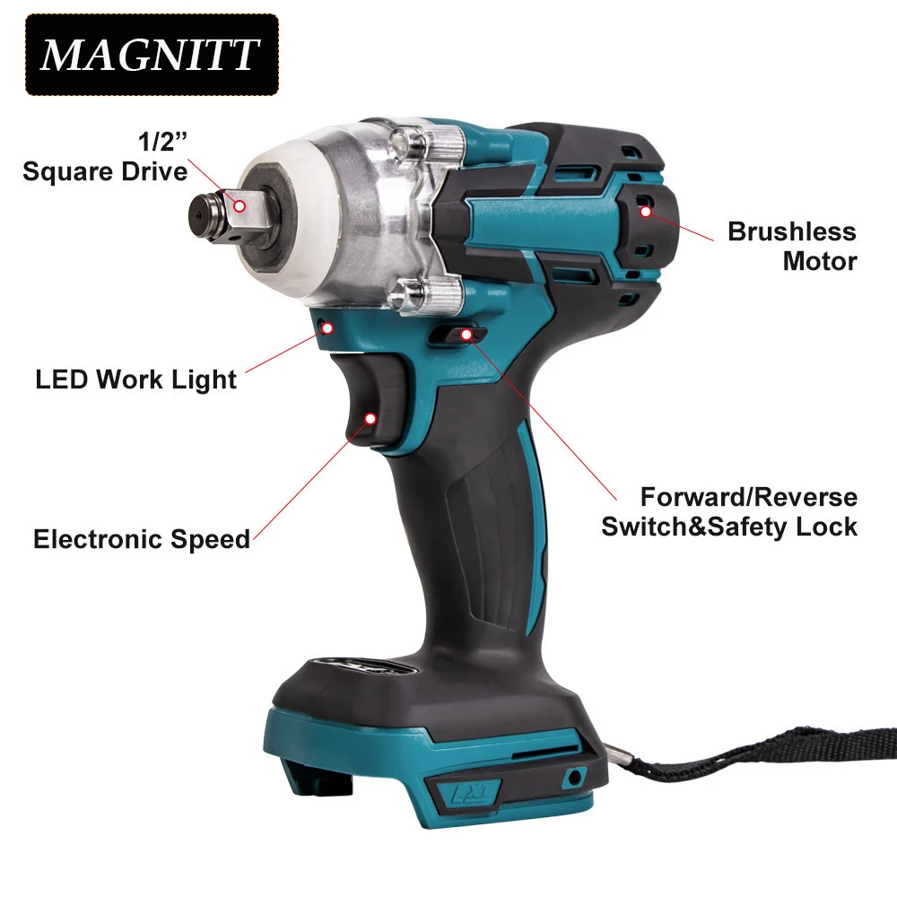 MAGNITT 520NM Chave de impacto elétrica sem fio sem escova, ferramentas elétricas de 1/2 polegadas, chave de bateria Makita 18V compatível com caixa de ferramentas