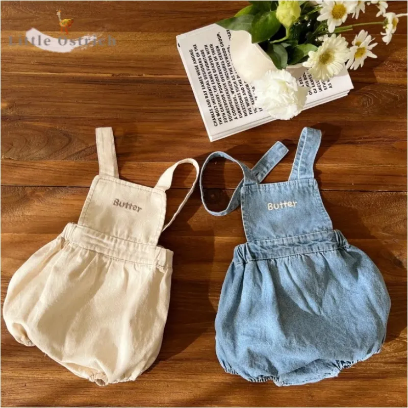 

Newborn Baby Girl Boy Cotton Suspender Shorts Denim Infant Toddler Child Middle Waist Trouser Letter Romper Baby Clothes 3-18M