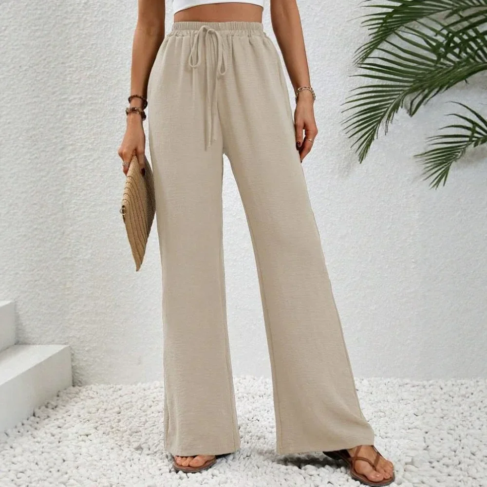 السراويل النسائية الصيف K-Fashion عارضة الدانتيل متابعة كامل طول عالية الخصر مرونة الخصر واسعة الساق السراويل الأساسية اليومية #3