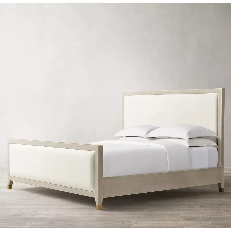 Rhoohill American Style Solid Wood with Linen Bed Modern Bedroom Shagreen-embossed Leather Hotel Queen Bed with Footboard