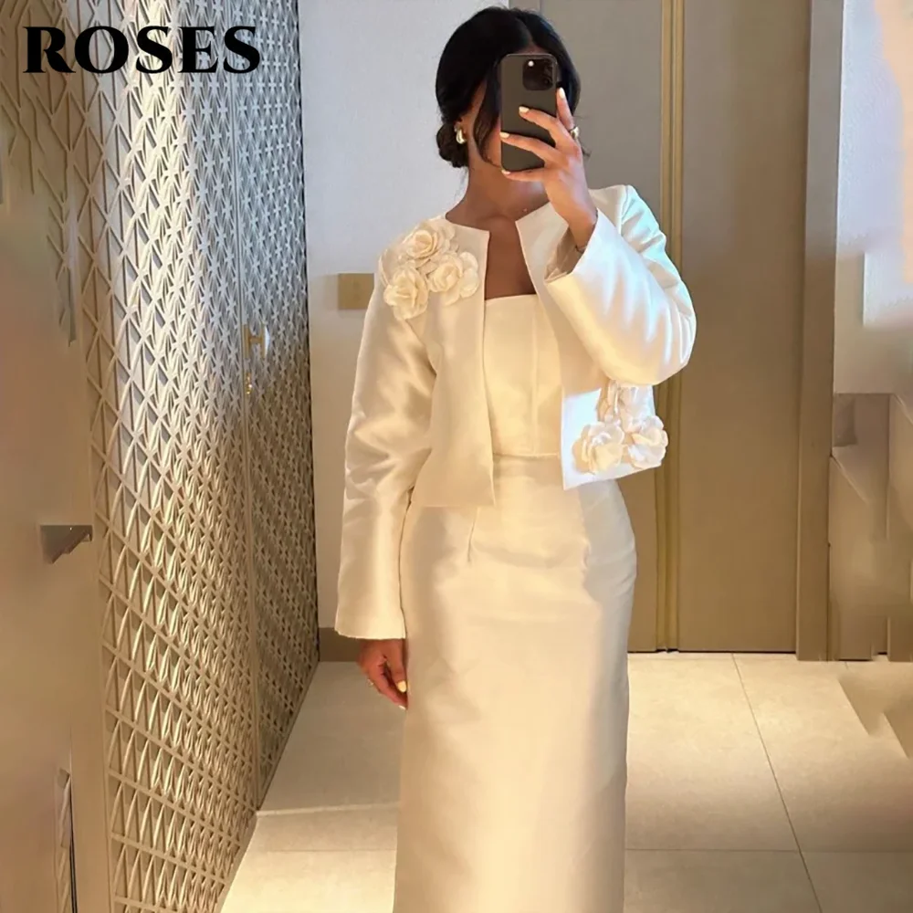 ROSES Ivory Party Dress Mermaid Satin فستان سهرة with Full Long - Sleeved Jacket with Rose Appliques Prom Dress Customi